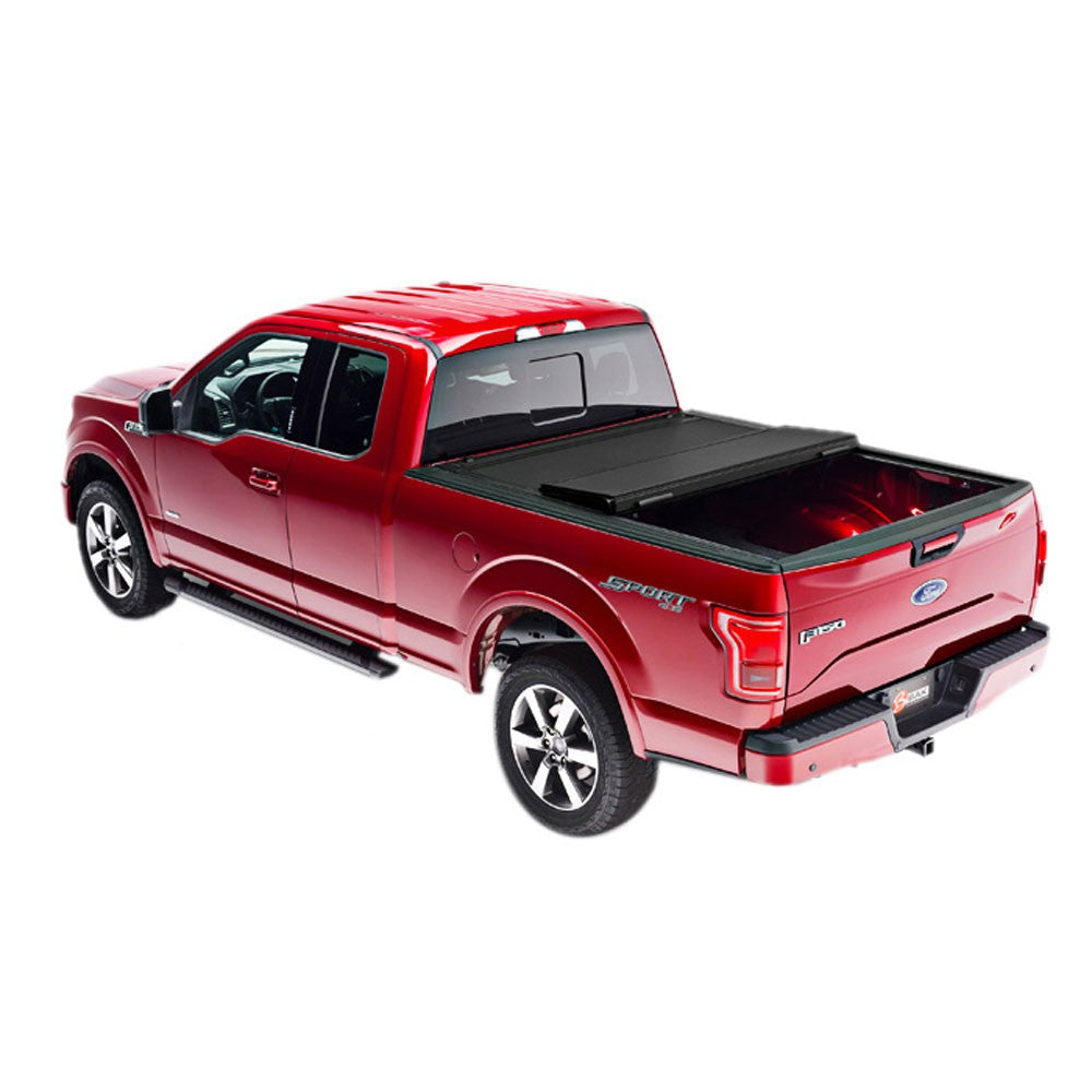 BAKFlip MX4 Bed Cover F-150 2015-2019 on a red supercab F-150 with one panel flipped up
