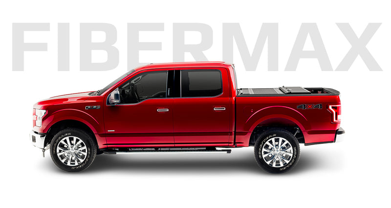 BAKFlip FiberMax Bed Cover 2015-2019 F-150 on a Red F-150 sideview with one panel flipped back
