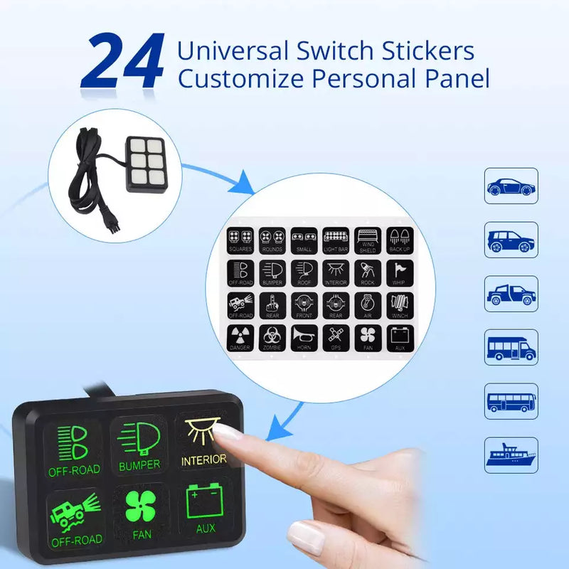 12V/24V Touch Screen Switches Panel 6 Gang LED Switch Panel Slim Touch Control Panel Box for Jeep, F-150, Bronco, Ranger.