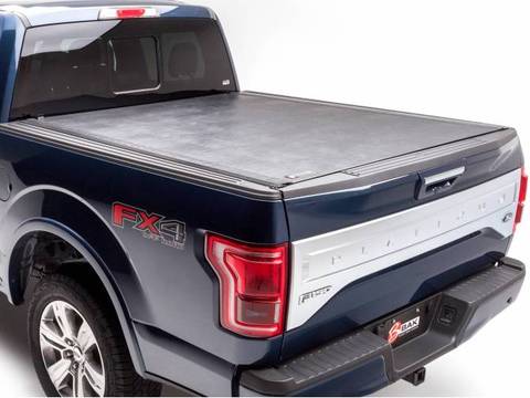 BAK Revolver X2 Bed Cover for 2015-2019 F-150's shown in a blue Platinum F-150 covering the bed