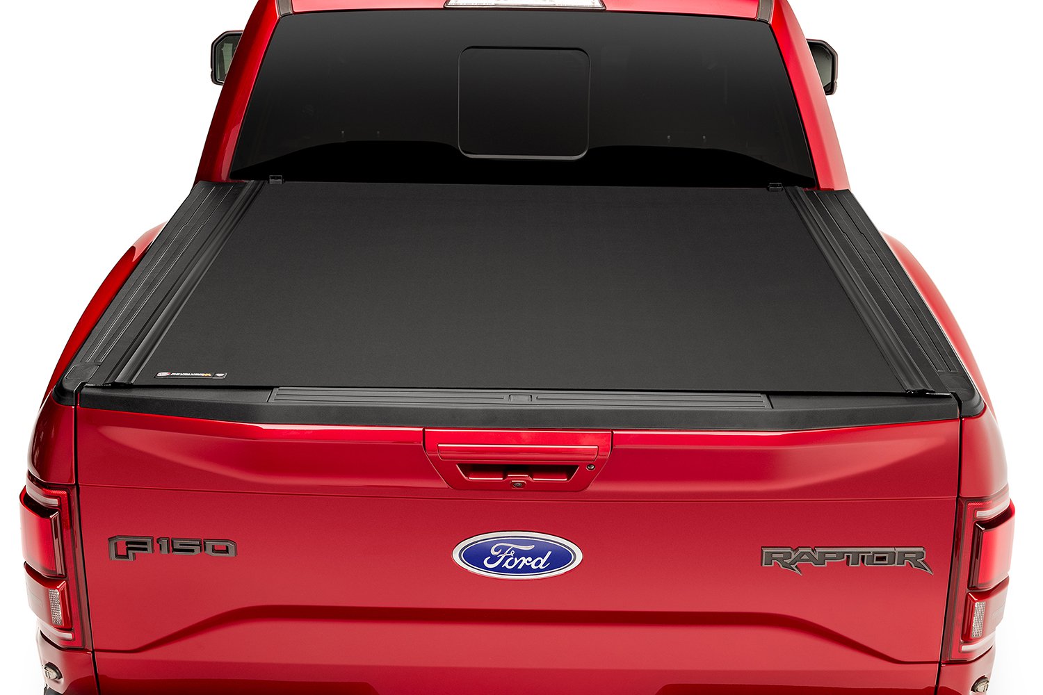 BAK Revolver X4 2015-2018 F-150 shown on a Red Raptor completely covering the bed with the tailgate up 